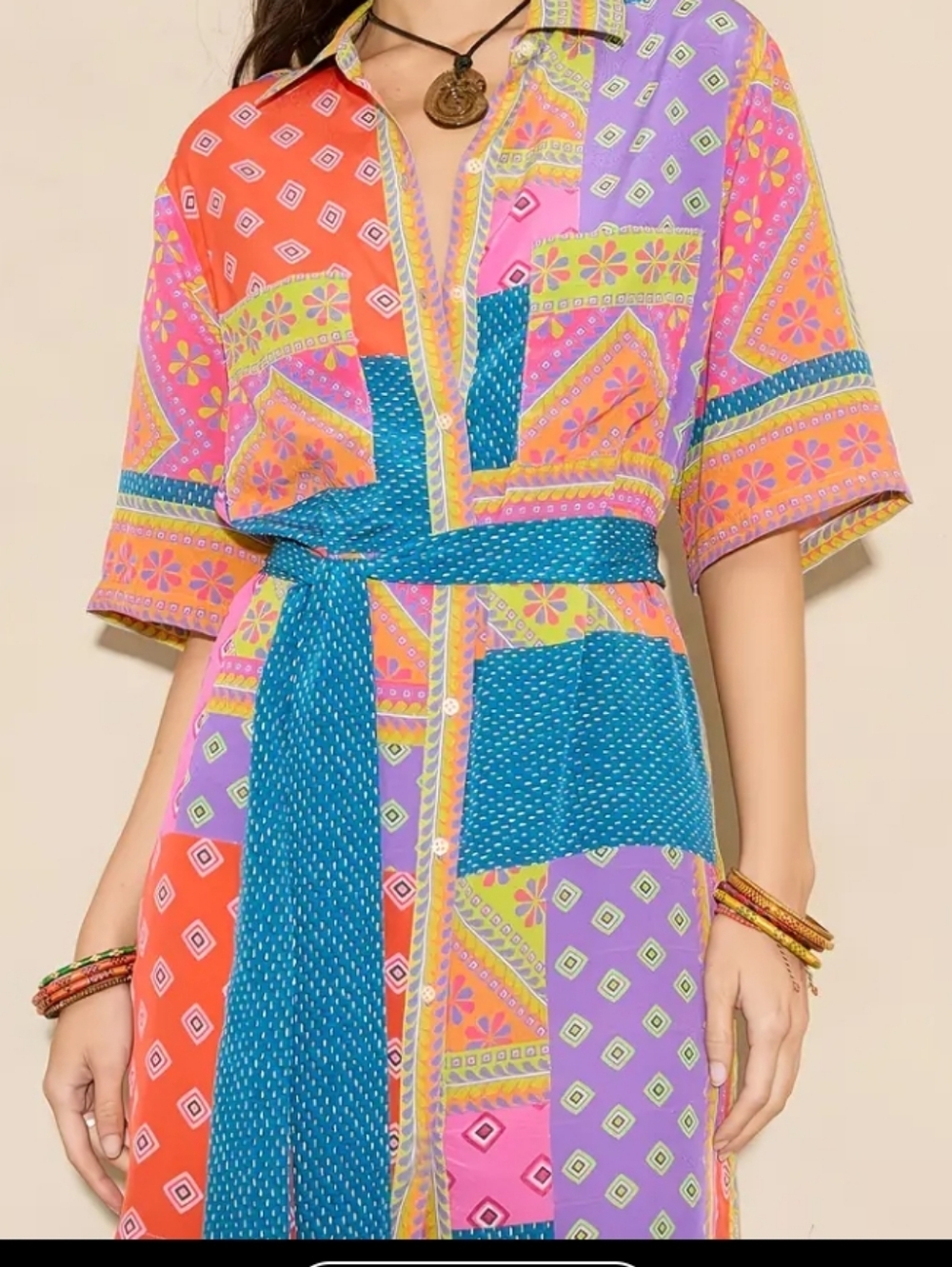 Colorblock Patchwork Shirt Dress - Bright Multi